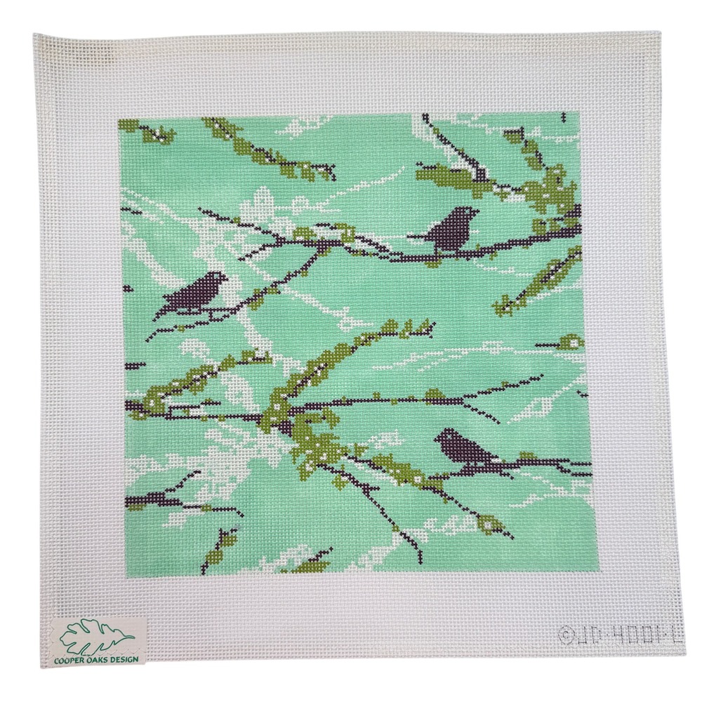 Large Vintage Cooper Oaks Hand Painted Needlepoint Canvas Bird Branch Mint Green